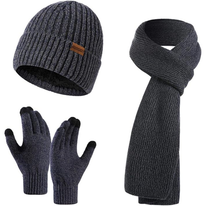 Men's complete winter accessory pack: warm beanie, matching scarf & touchscreen enabled gloves.