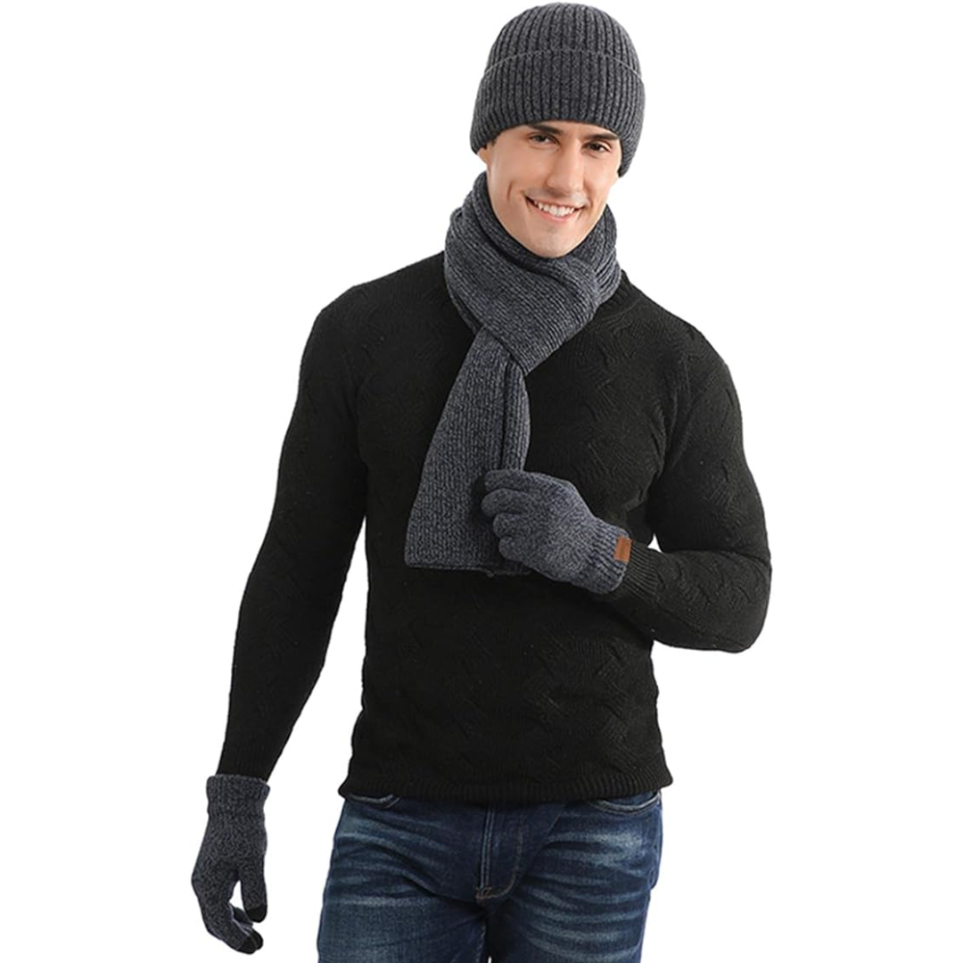 Black men's winter beanie, scarf & touchscreen gloves. Stay cozy & connected outdoors in style.