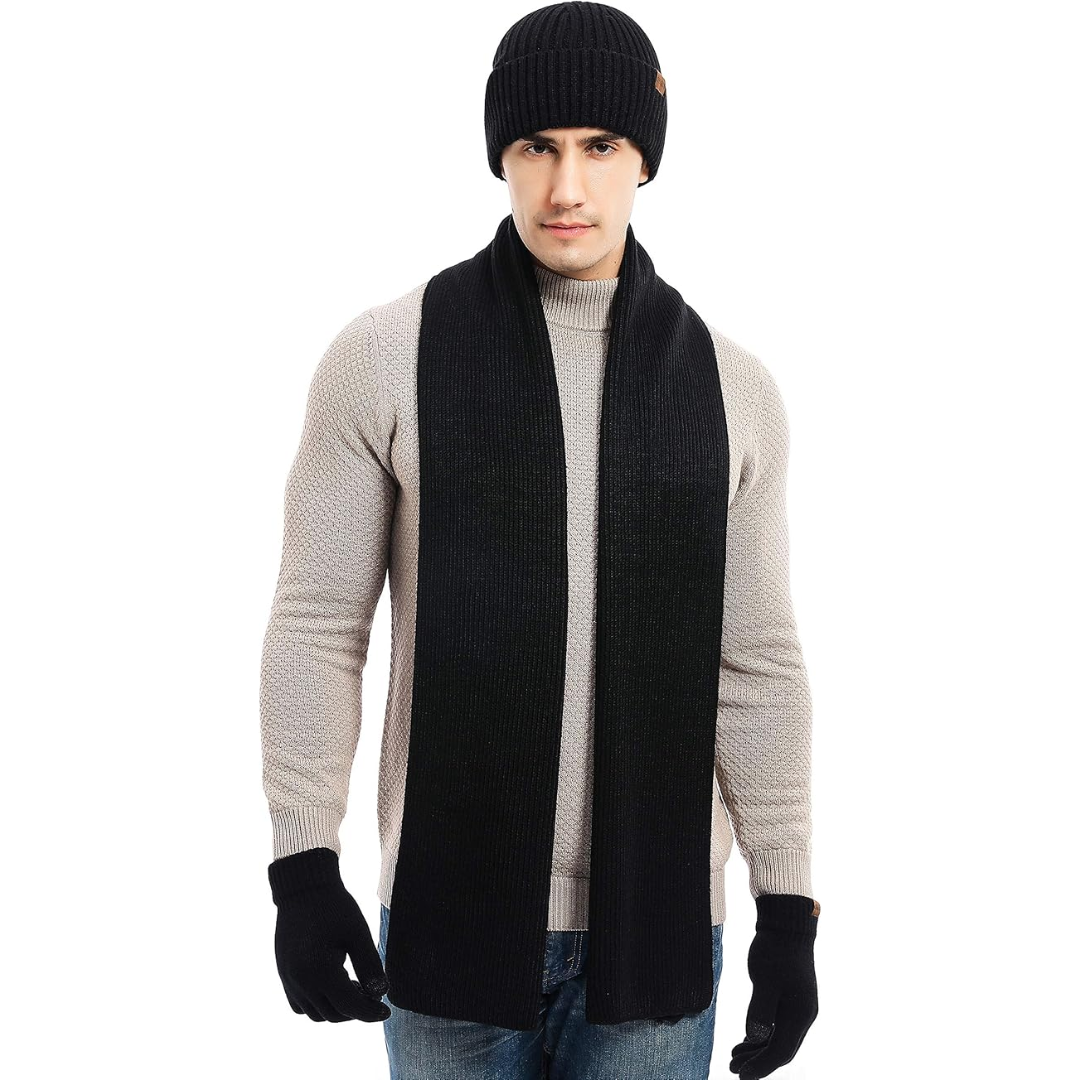 Grey men's warm knitted beanie, long scarf & touchscreen gloves. Essential cold weather comfort.