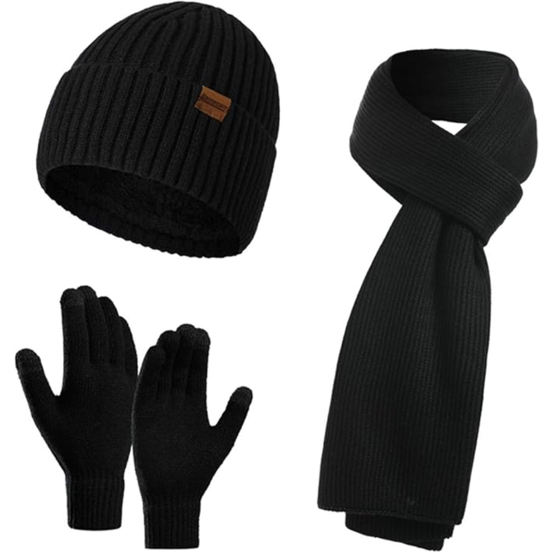 Navy men's winter fashion set: a warm beanie, soft scarf & responsive touchscreen gloves.