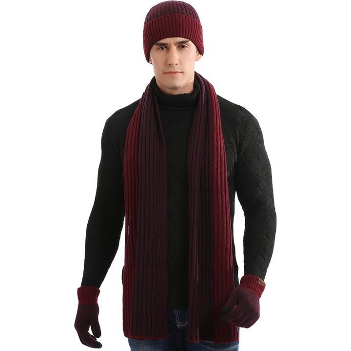 Cozy men's winter accessory set: warm beanie, long scarf, & touchscreen gloves for cold weather.