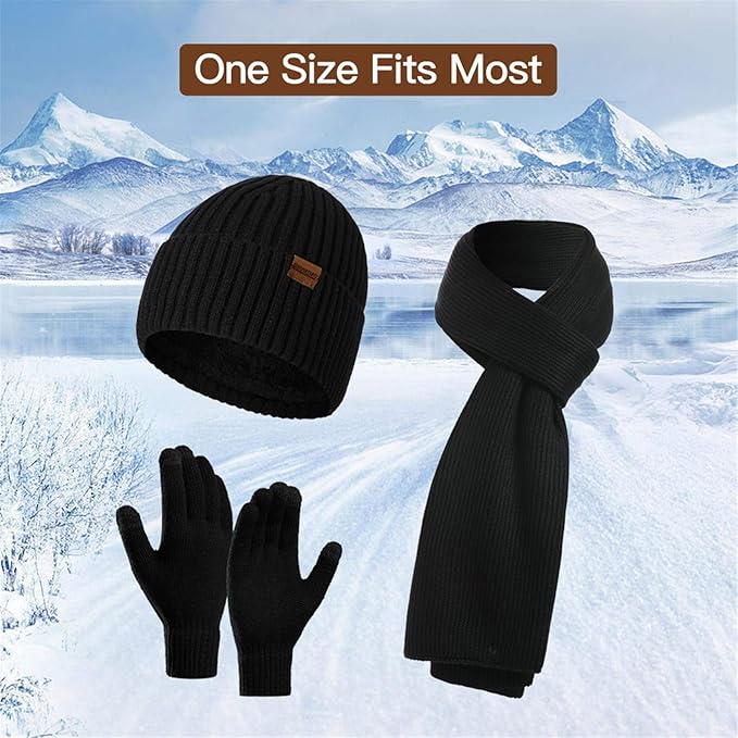 Winter gift for him: a warm beanie, a coordinating scarf & high-performance touchscreen gloves.