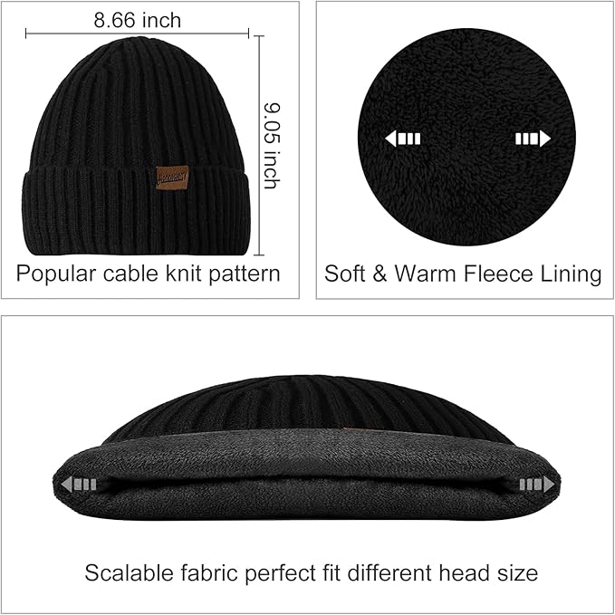 Men's essential cold weather set: warm beanie, soft knitted scarf & convenient touchscreen gloves.