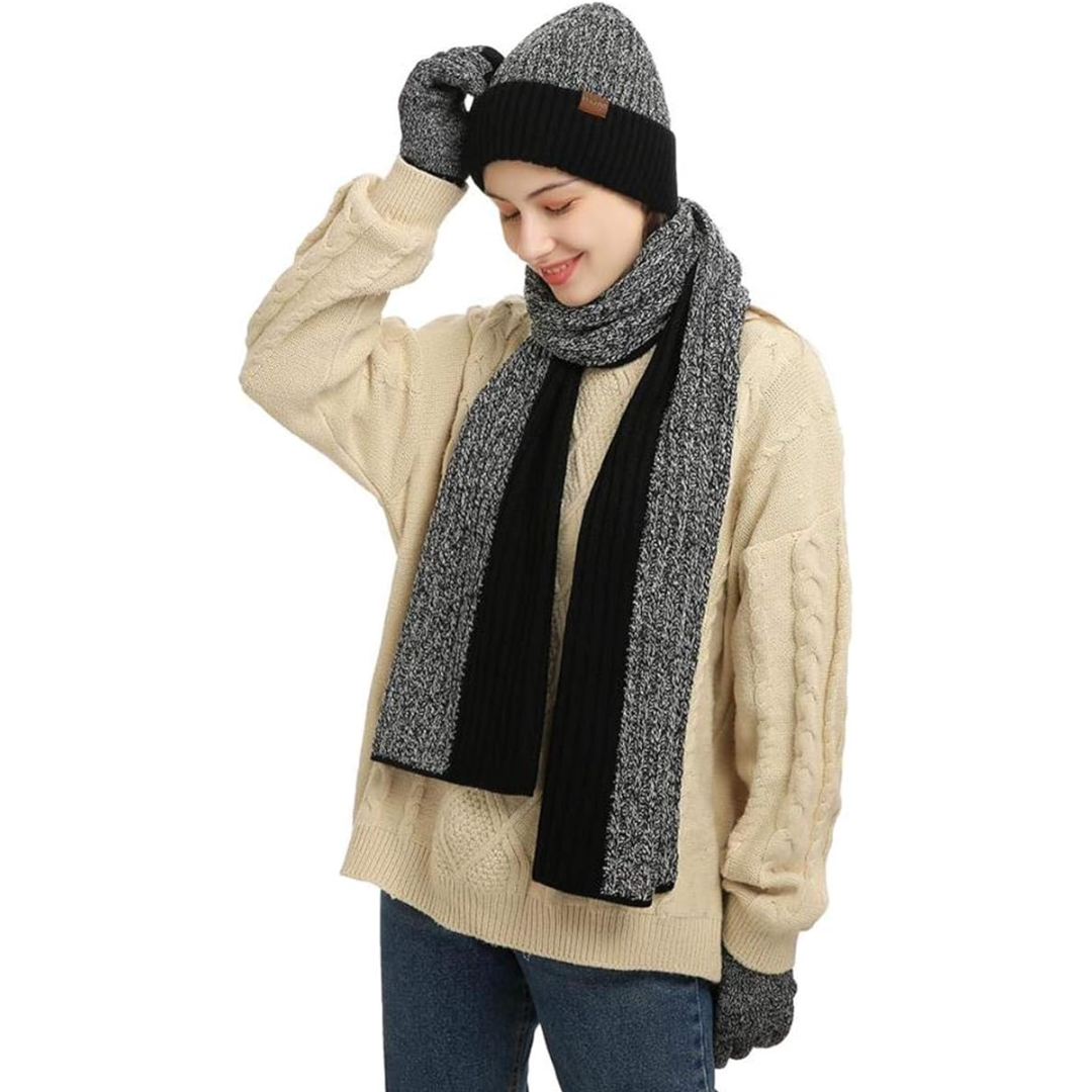 Men's versatile winter set: a warm beanie, a comfortable scarf & touchscreen gloves for daily use.