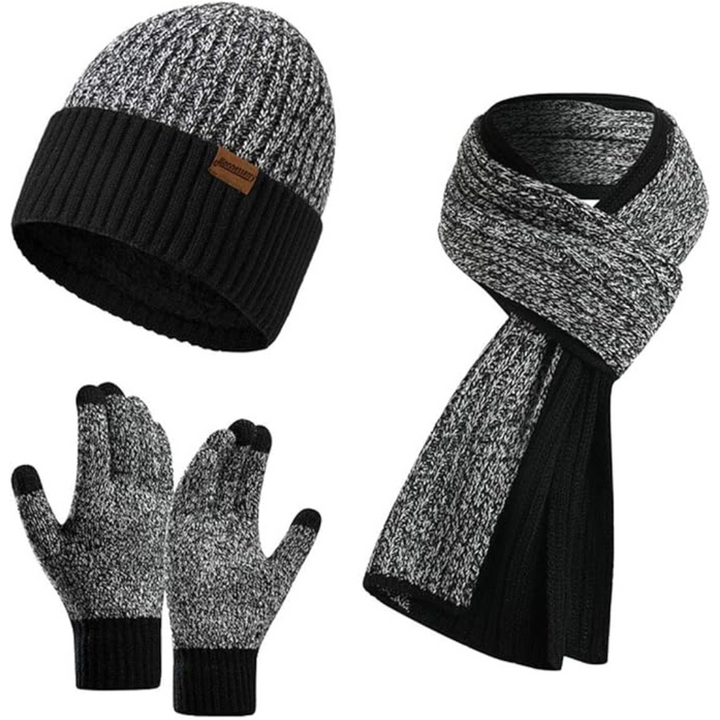 Stylish men's knitted winter accessories: warm beanie, long scarf & touchscreen gloves. A complete set.