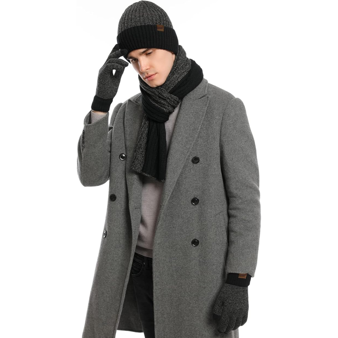 Stylish men's 3-piece winter set: knitted beanie, warm scarf, & smartphone compatible gloves.