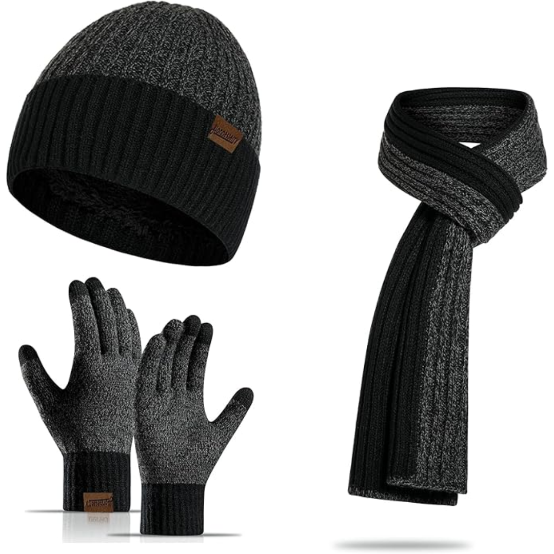 Complete men's cold weather gear: warm beanie, soft scarf, and responsive touch screen gloves.
