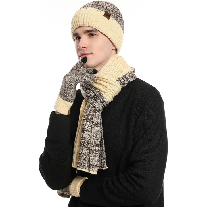 Gift-ready men's winter set with warm beanie, matching scarf & responsive touchscreen gloves.