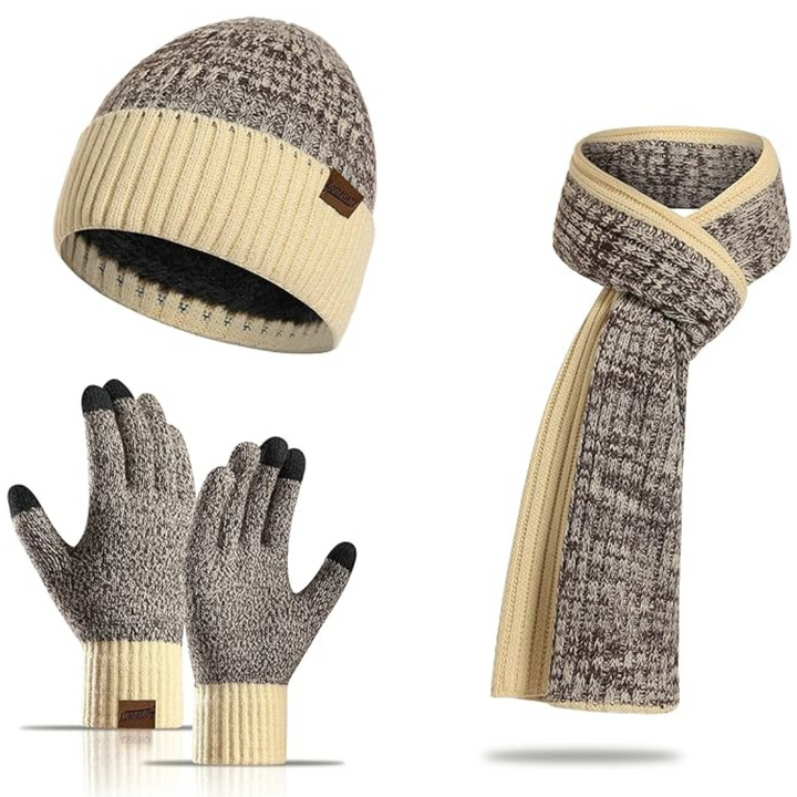 Outdoor men's winter set featuring a warm knitted beanie, cozy scarf & durable touchscreen gloves.