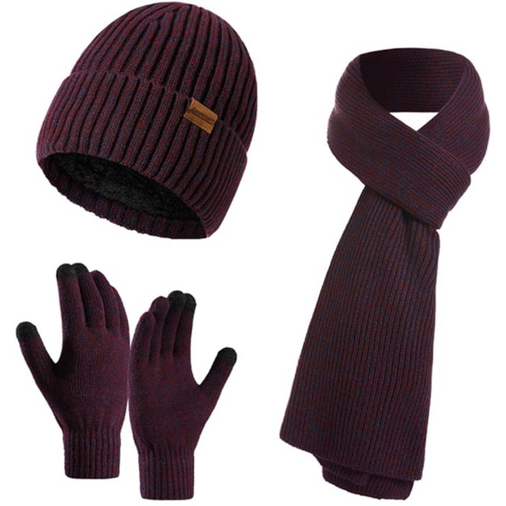Men's warm winter fashion set: a comfortable beanie, long scarf & practical touchscreen gloves.