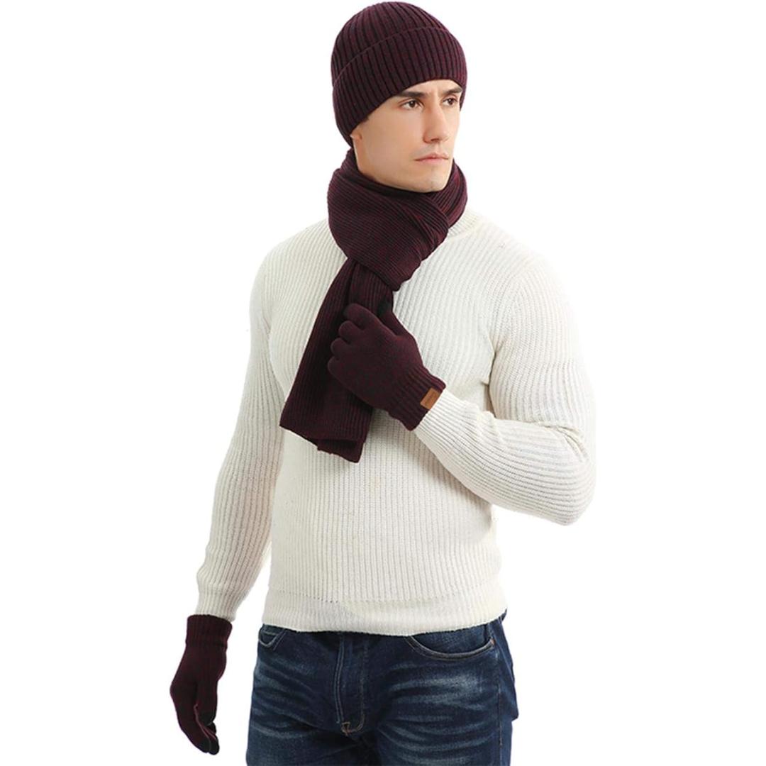 Black knitted men's beanie, scarf & touchscreen gloves set. Ideal for cold weather style & warmth.