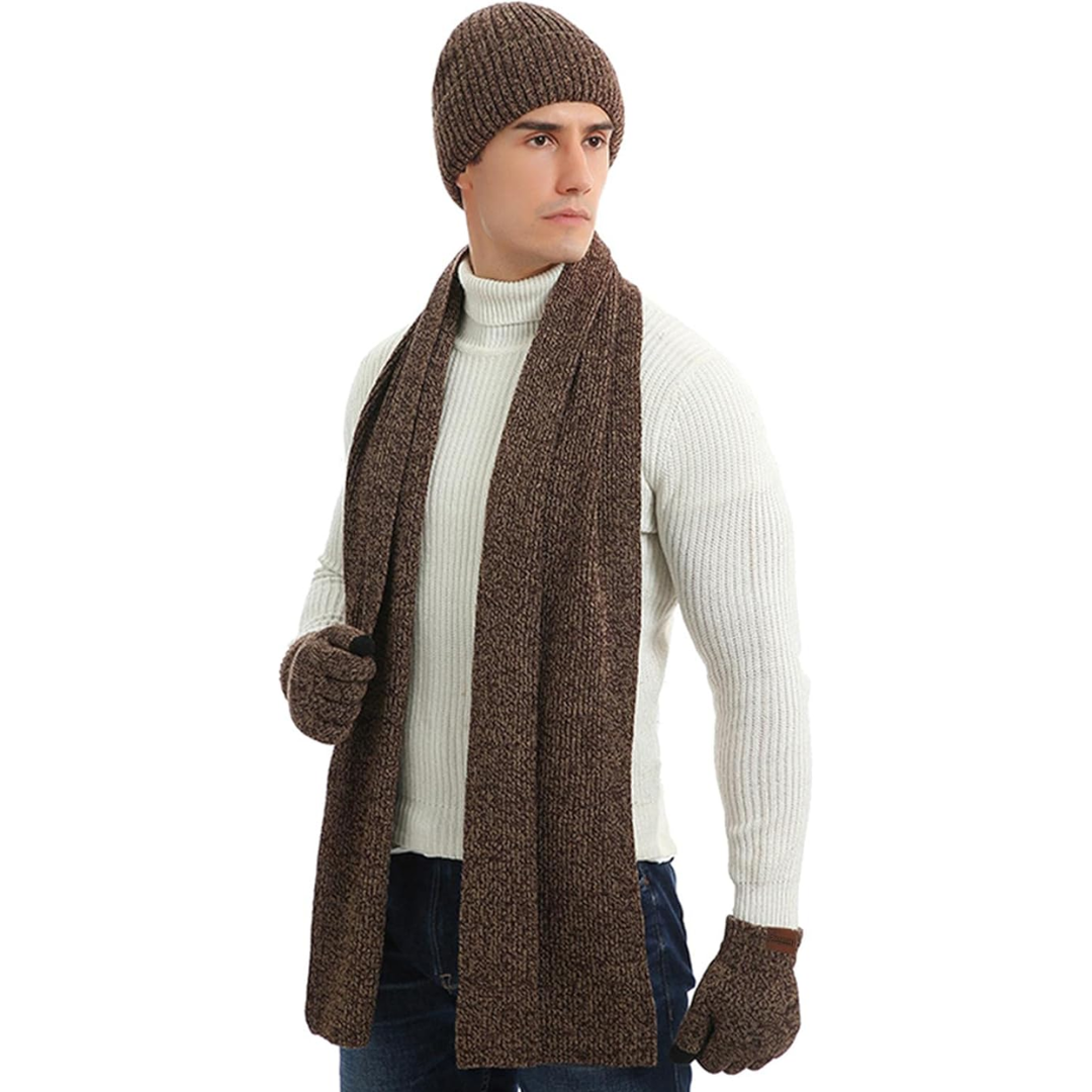 Grey men's complete winter set: warm beanie, soft scarf & touchscreen gloves for outdoor use.