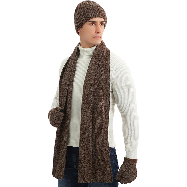 Grey men's complete winter set: warm beanie, soft scarf & touchscreen gloves for outdoor use.