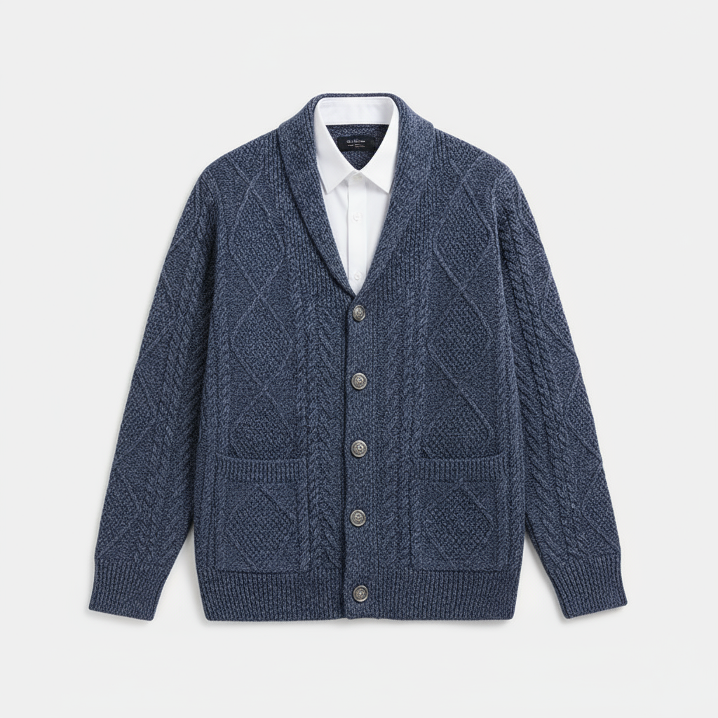 Product flat lay of a men's knitted wool cardigan, featuring its full design and texture.