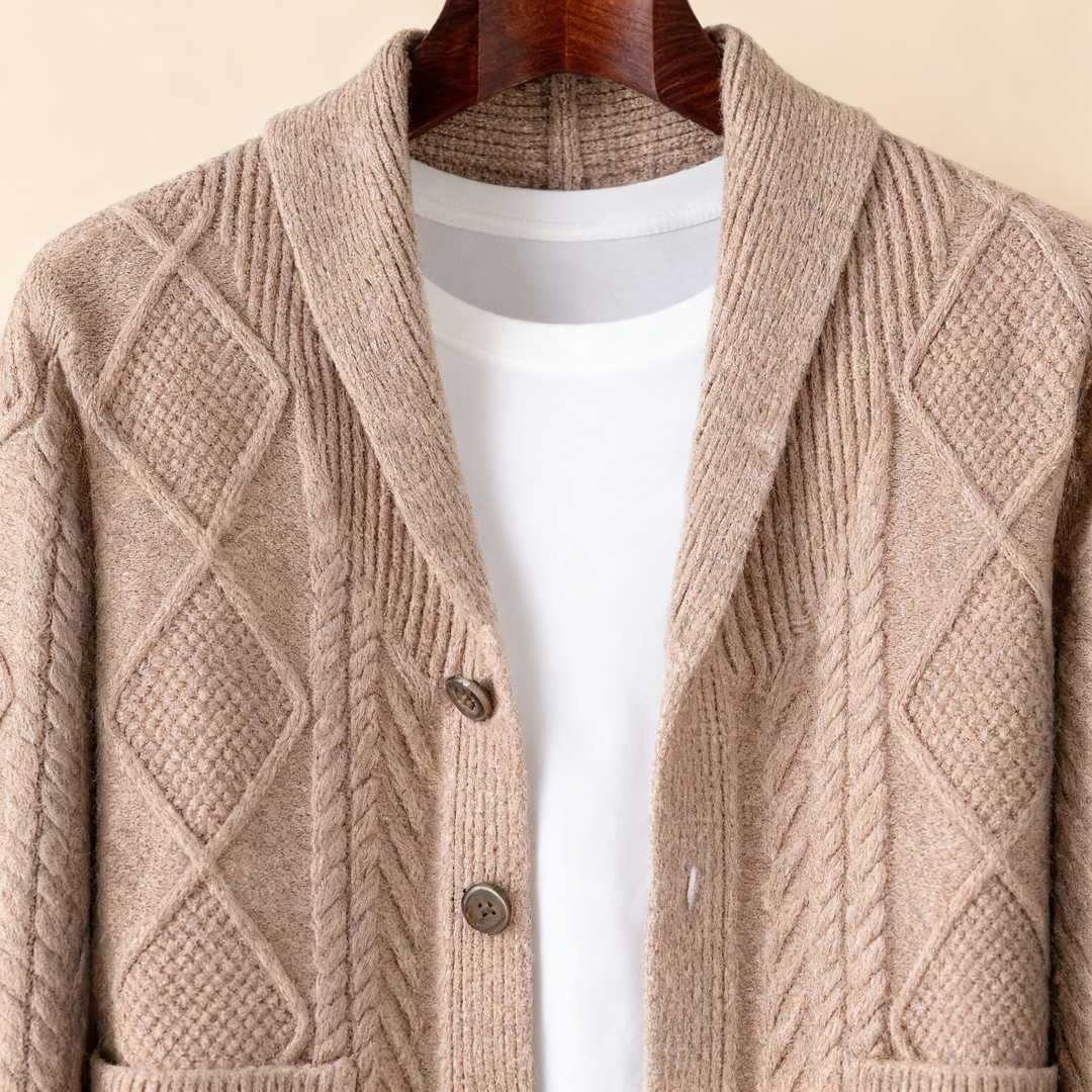Front view of a men's knitted wool cardigan with button closure, ideal for everyday layering.