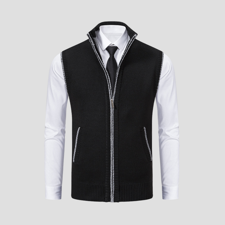 Men's knitted zip gilet, a versatile smart casual layer with ribbed hem & contrast trim for men's fashion.