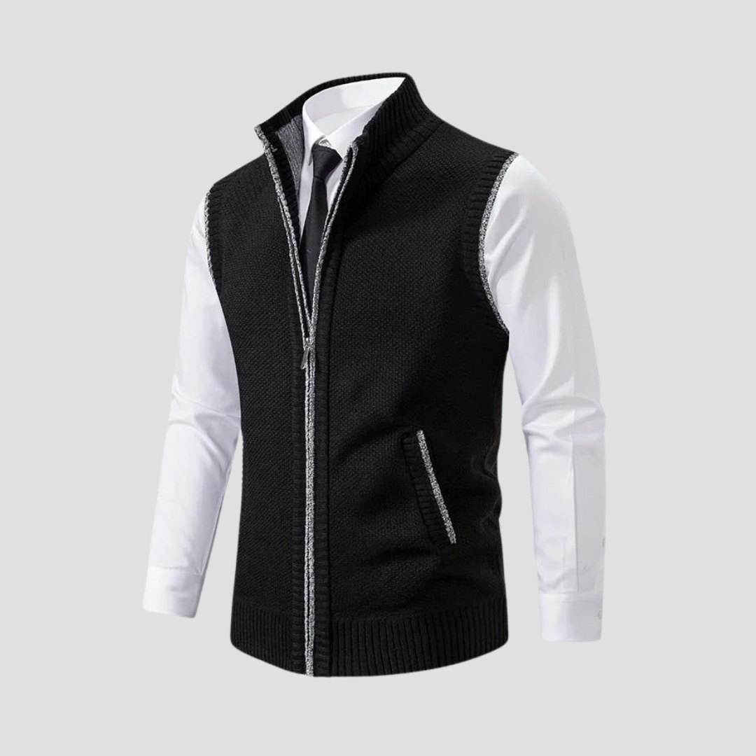 Model wearing men's knitted zip gilet over a t-shirt for a comfortable, casual layered look. Perfect outerwear.
