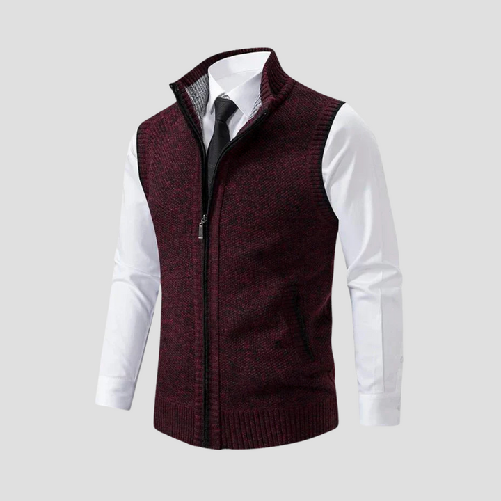 Stylish men's knitted vest with zip front over a shirt, offering a smart casual layer for any versatile occasion.