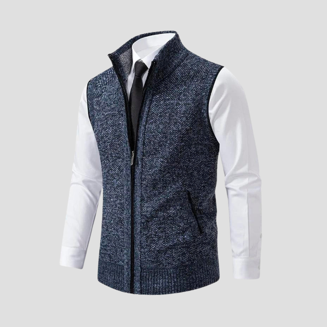 Back view of a comfortable men's knitted zip gilet in blue, a sleeveless casual layer for versatile men's fashion.