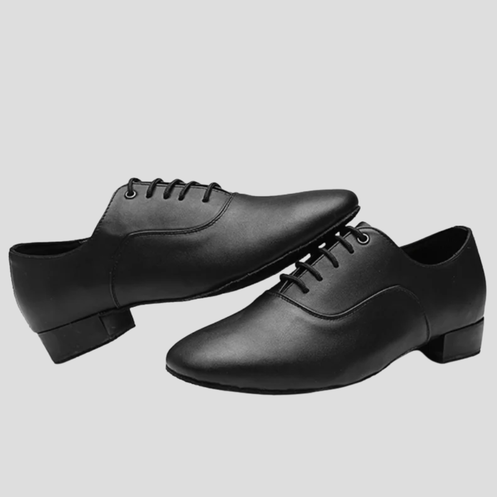 Men's Latin dance shoes, black leather, designed for stability & performance in ballroom practice & competition.