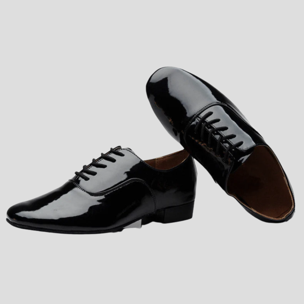 Lace-up men's Latin dance shoes, black, ideal for ballroom dance practice, enhancing performance & stability.