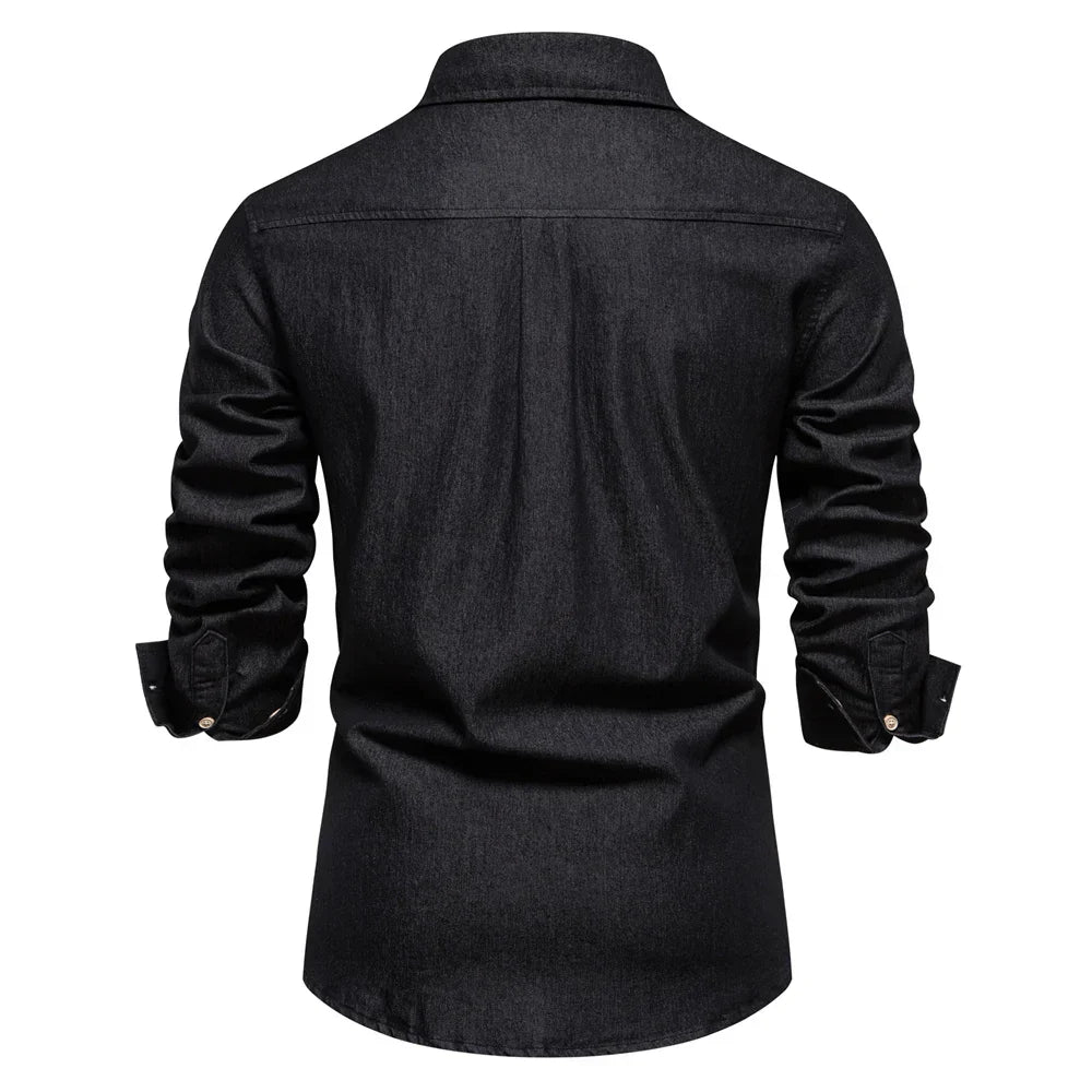 Versatile men's apparel: light blue denim button-up shirt, long sleeve.