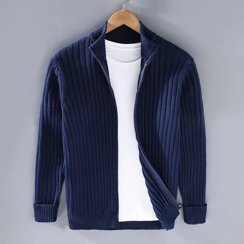 Men's gray ribbed knit zip sweater, perfect for layering, casual yet elegant, comfortable fit