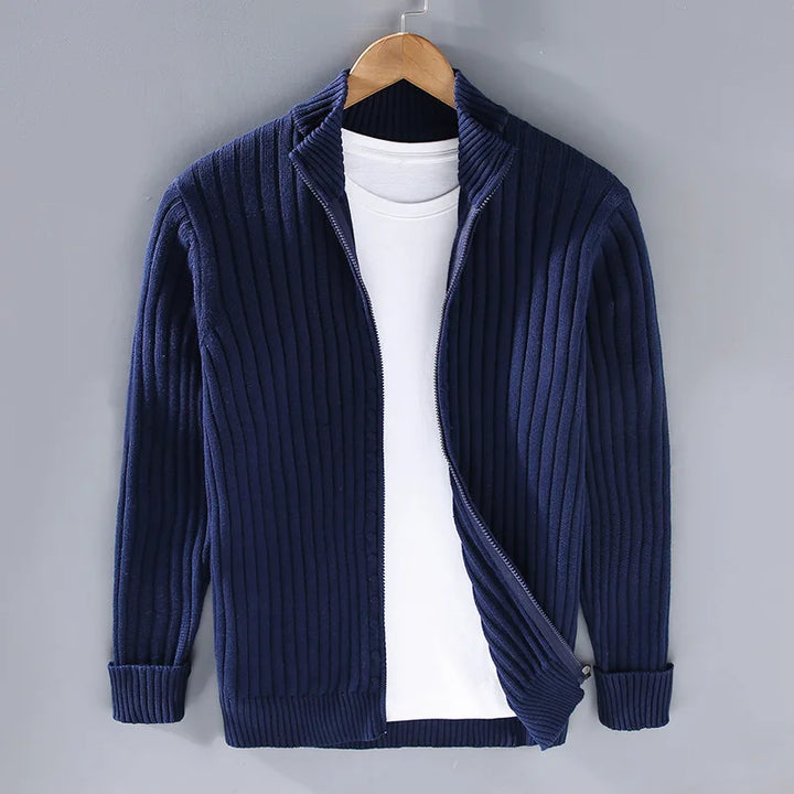 Men's gray ribbed knit zip sweater, perfect for layering, casual yet elegant, comfortable fit