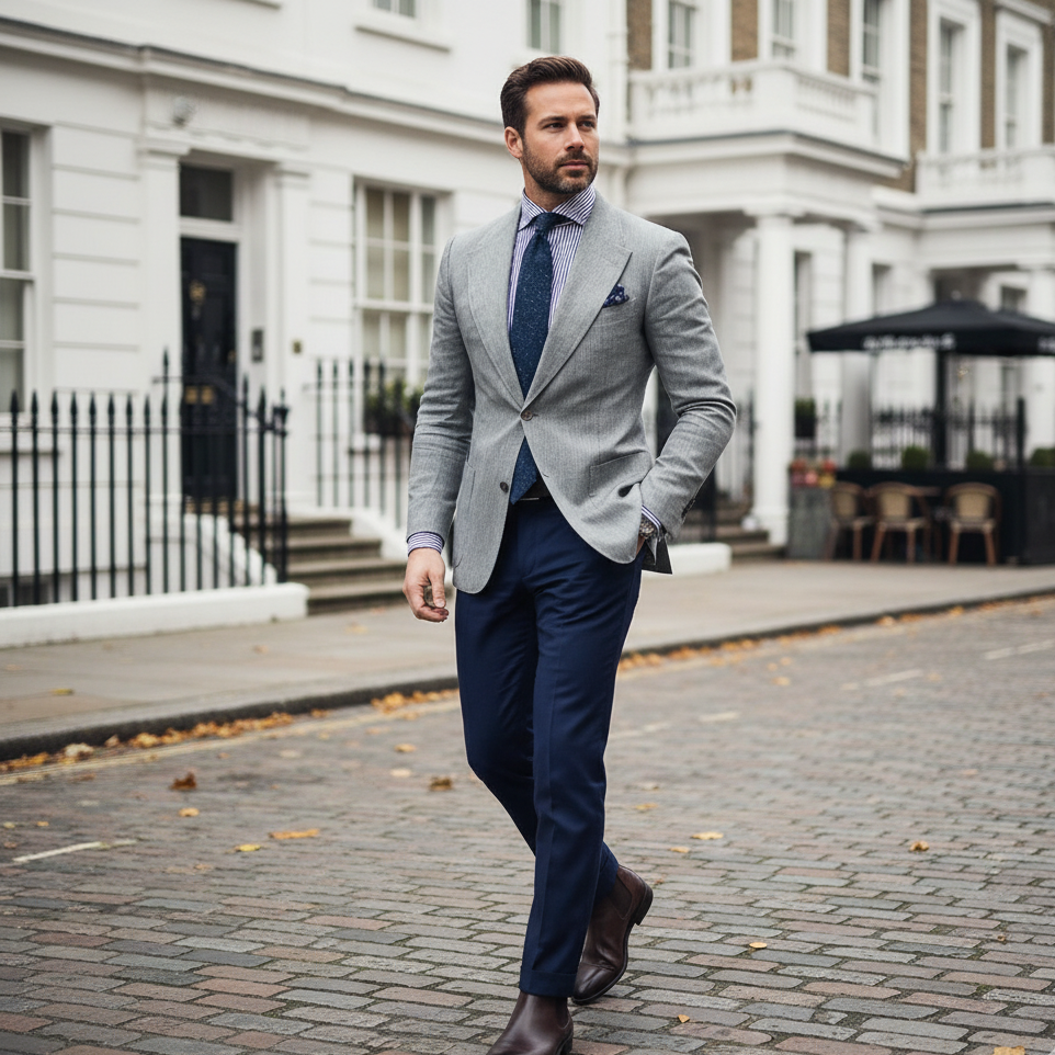 Stylish men's slim fit tailored blazer in light blue. Perfect for formal wear, business attire, or smart casual occasions.
