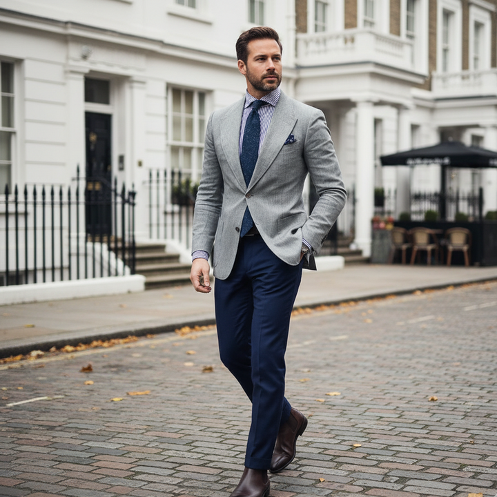 Stylish men's slim fit tailored blazer in light blue. Perfect for formal wear, business attire, or smart casual occasions.