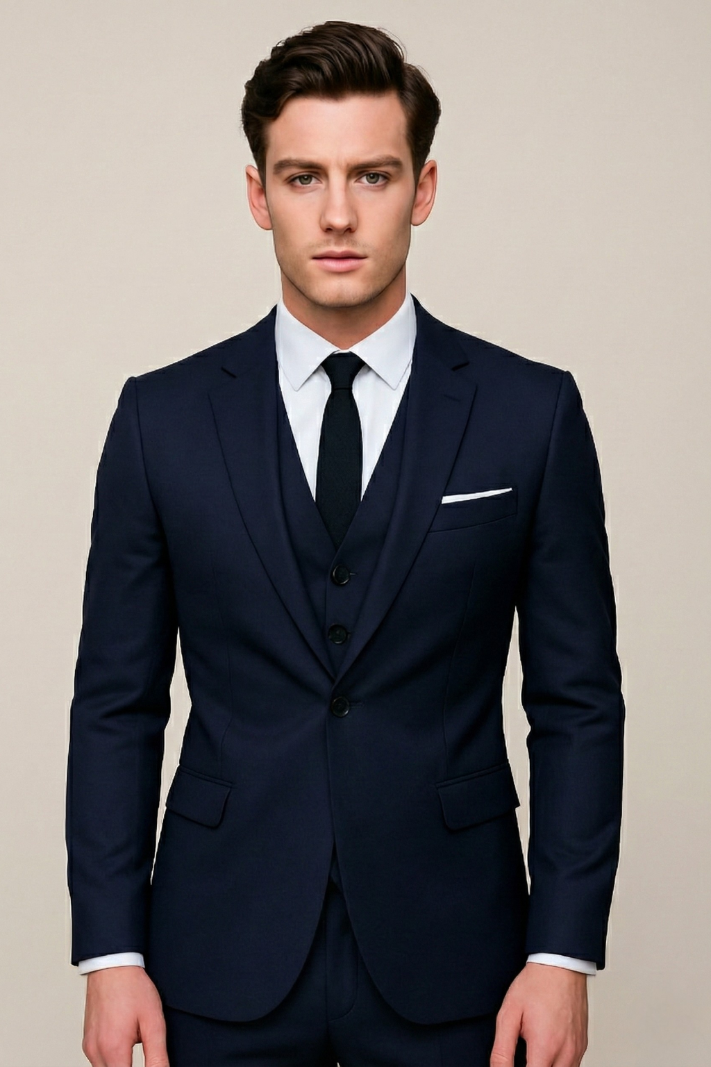 Men's light grey three-piece suit for spring, perfect formal wear or wedding attire, tailored fit.