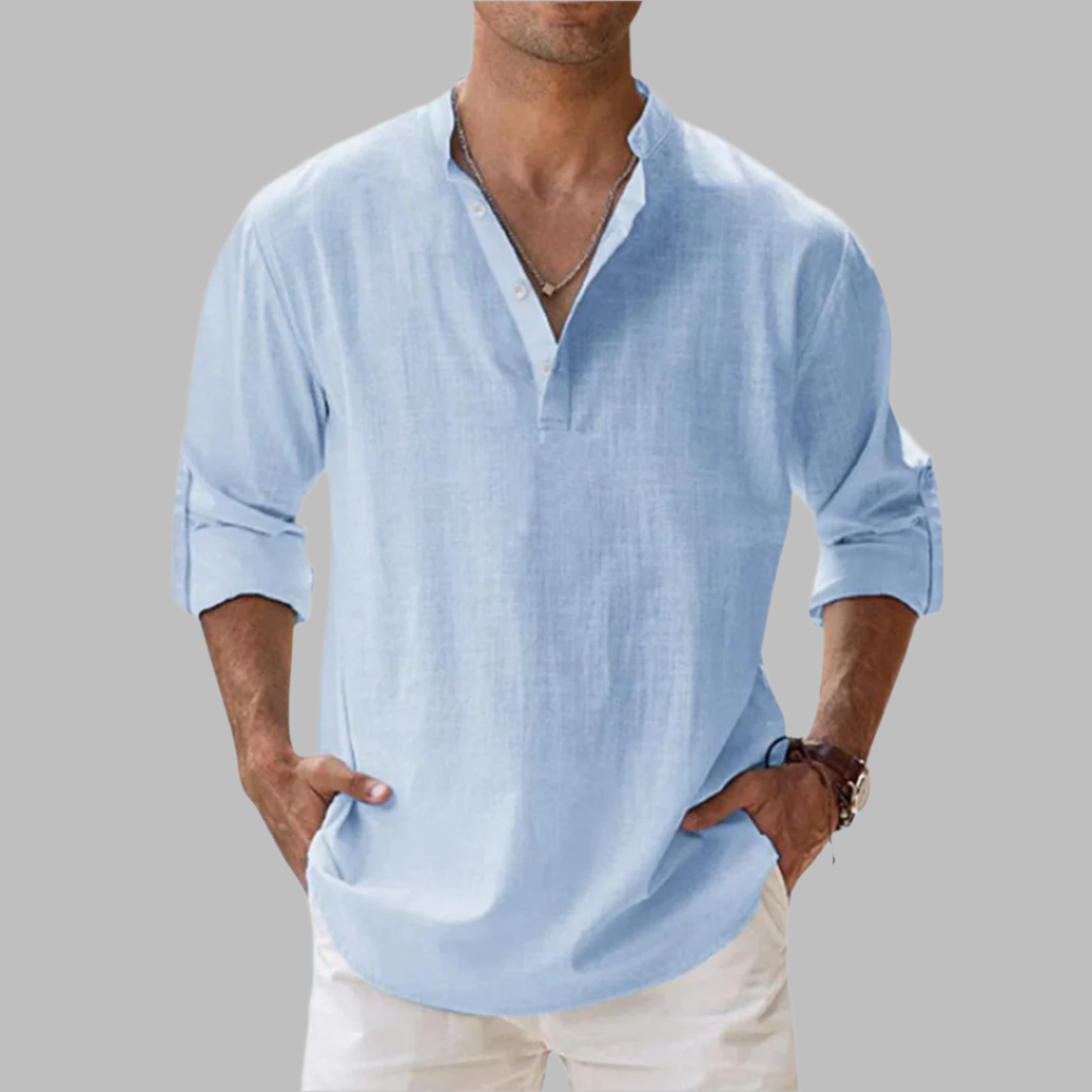 Men's lightweight band collar shirt for summer, perfect for beachwear and casual outings.