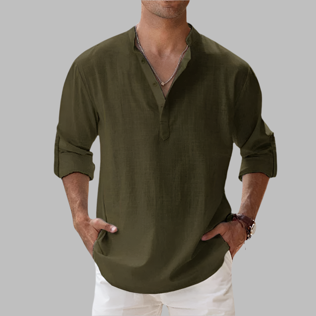 Men's casual summer shirt, lightweight with a stylish band collar and short sleeves.