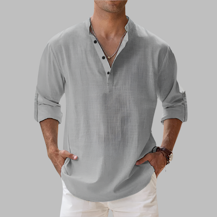 Short sleeve men's band collar shirt, lightweight and breathable for hot summer days.