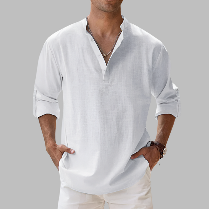 Casual men's band collar shirt, lightweight short sleeve design, essential summer menswear.