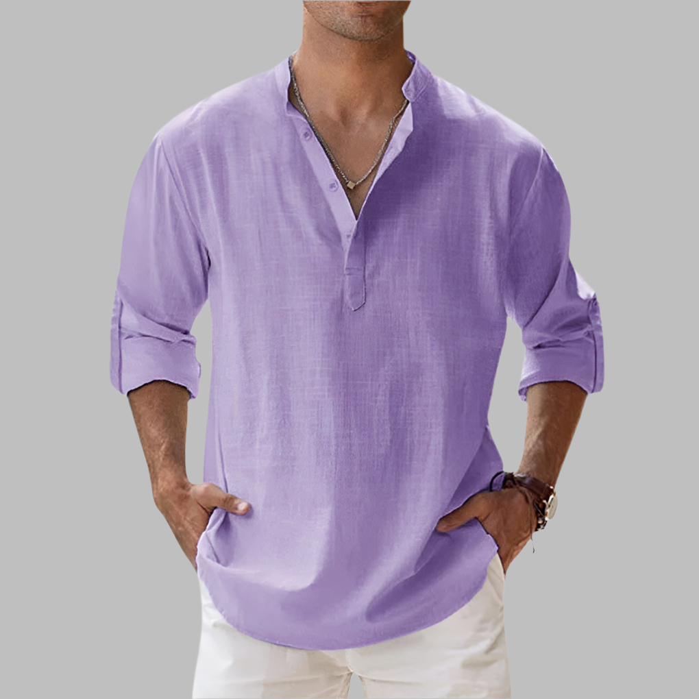 Men's beachwear shirt, lightweight band collar and short sleeves for summer fashion.