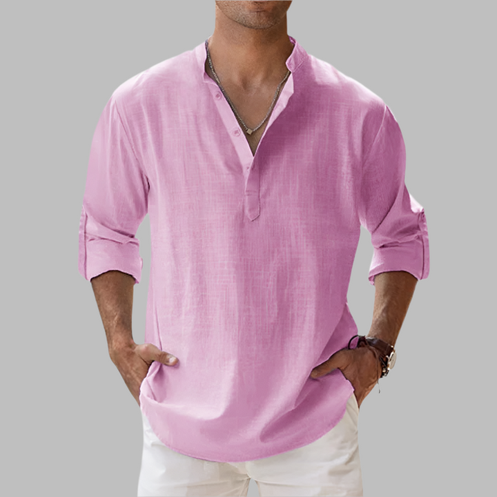 Versatile men's summer shirt, lightweight, relaxed fit, and modern band collar style.