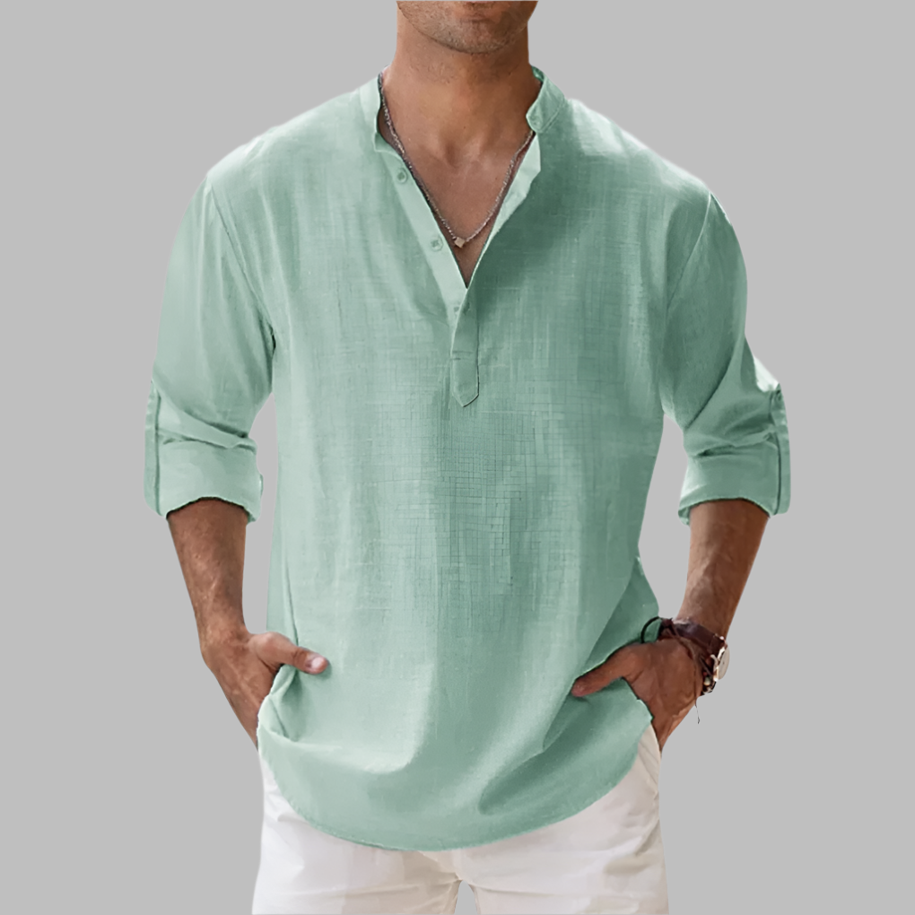 Breathable men's lightweight short sleeve shirt with a contemporary band collar.