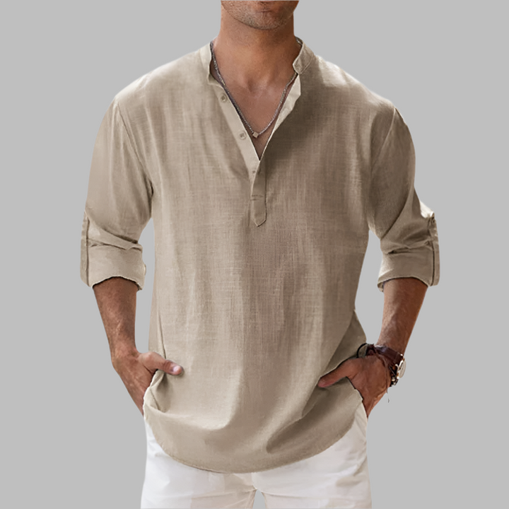 Lightweight men's summer band collar shirt, perfect casual wear for warm weather.