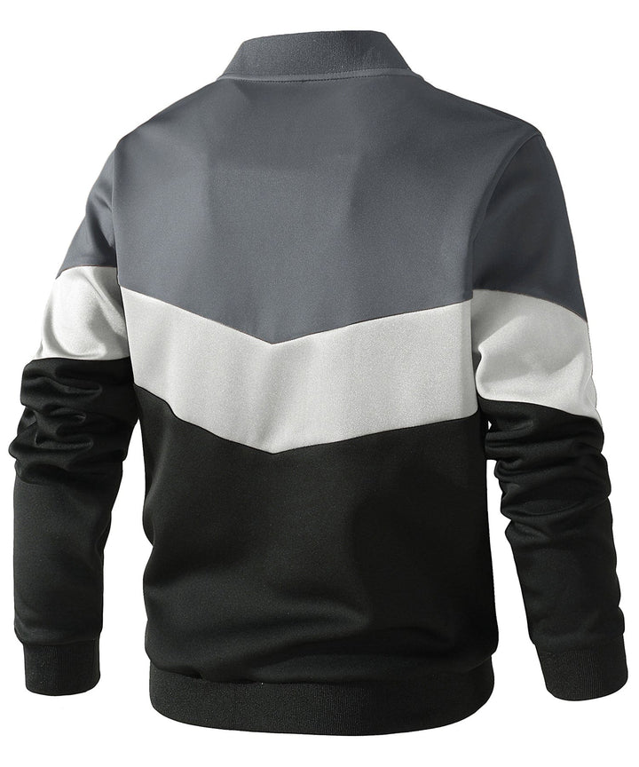 Stylish men's lightweight color block jacket on a hanger, ready for a spring outing and men's fashion appeal.