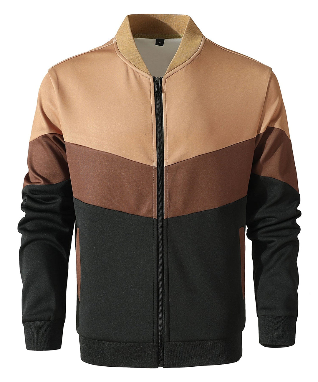 Full body shot of a model wearing men's lightweight color block jacket, showcasing a complete men's fashion look.