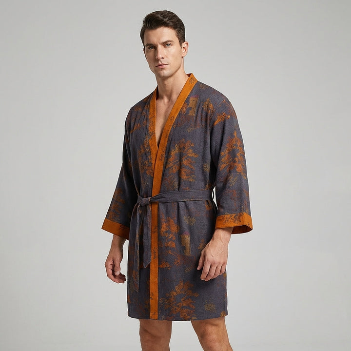 Men's lightweight cotton kimono robe in breathable jacquard fabric, perfect summer loungewear with a v-neck.