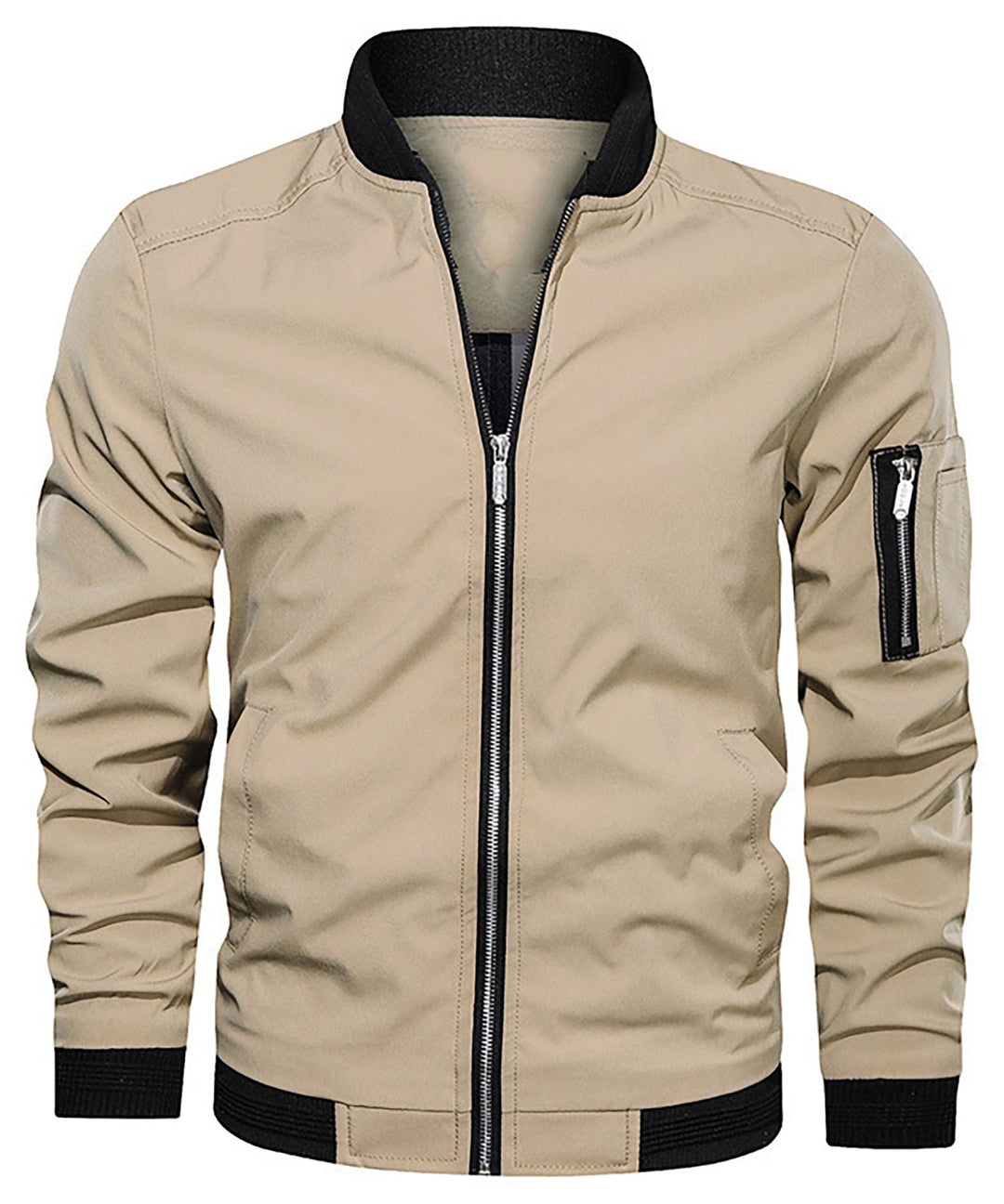 Model wearing a men's lightweight bomber jacket, showcasing its comfortable fit for casual outerwear.