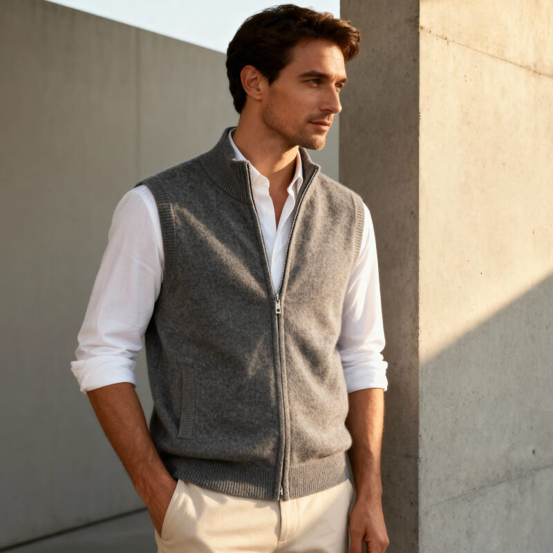 Versatile men's zip vest, lightweight outerwear for stylish layering.