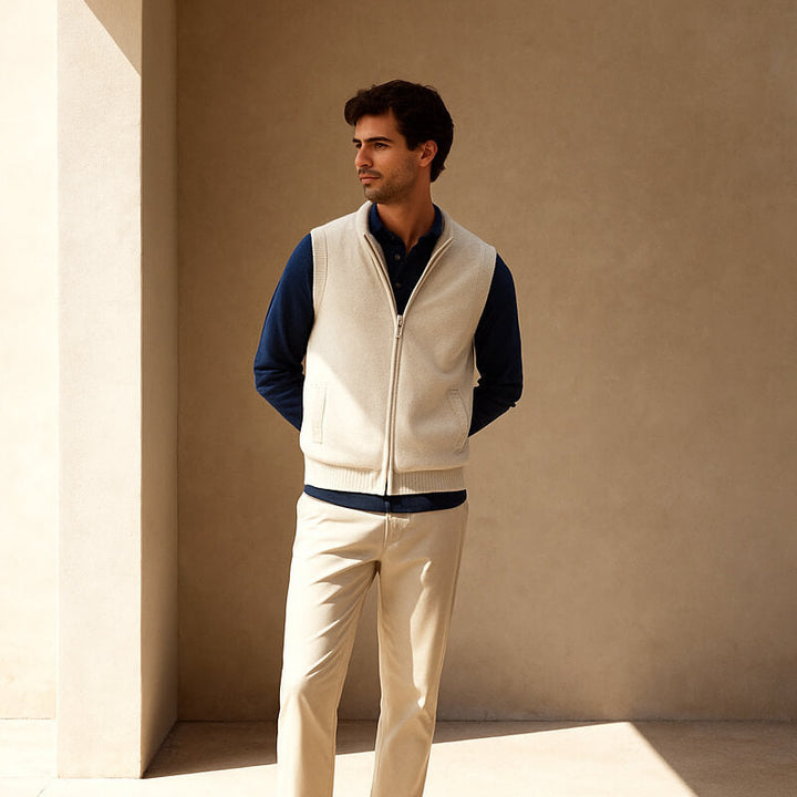 Classic men's full-zip vest, a comfortable and lightweight layering essential.