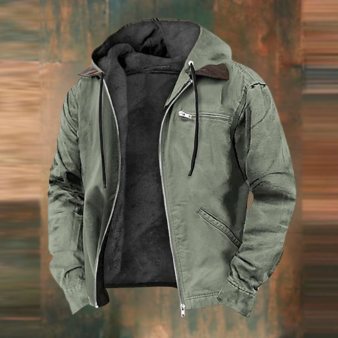 Front view of a men's versatile lightweight hooded jacket, featuring a full zip-up closure and side pockets.
