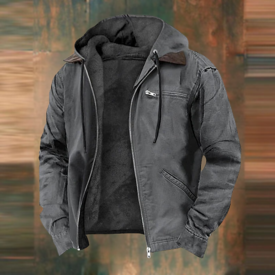 Modern men's zip-up hooded jacket, a lightweight outerwear piece designed for comfortable spring and fall fashion.