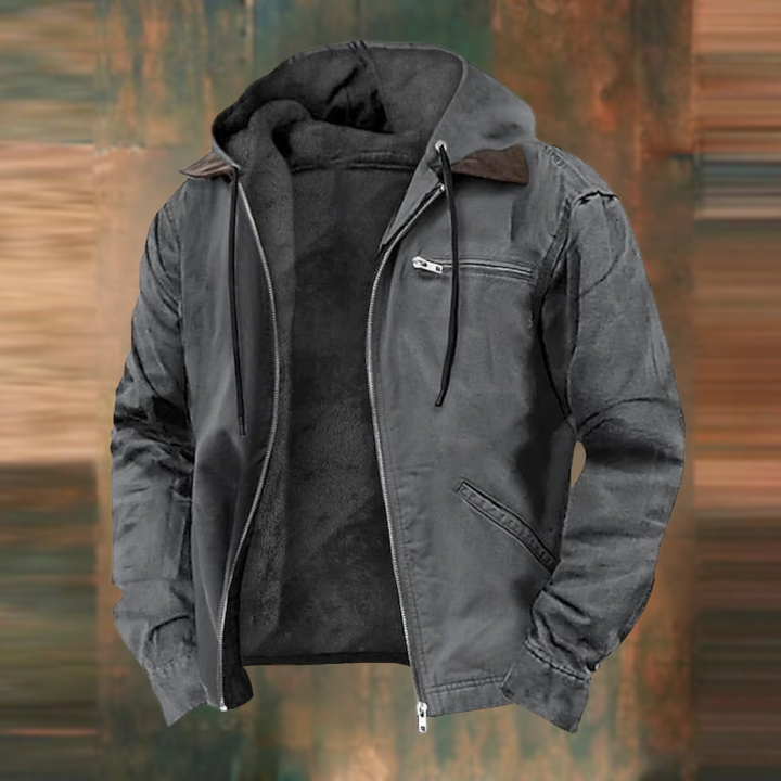 Modern men's zip-up hooded jacket, a lightweight outerwear piece designed for comfortable spring and fall fashion.
