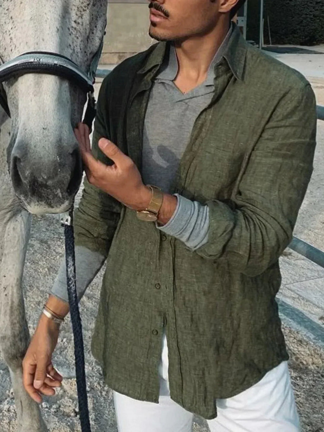 Breathable men's summer linen shirt with roll-up sleeves. Casual button-up for beach or vacation.