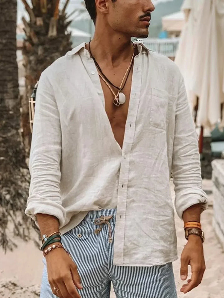 Men's long-sleeve button-up shirt in lightweight linen. Casual & comfortable for hot weather.